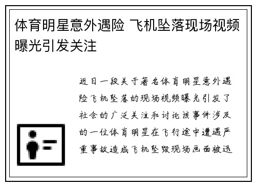体育明星意外遇险 飞机坠落现场视频曝光引发关注